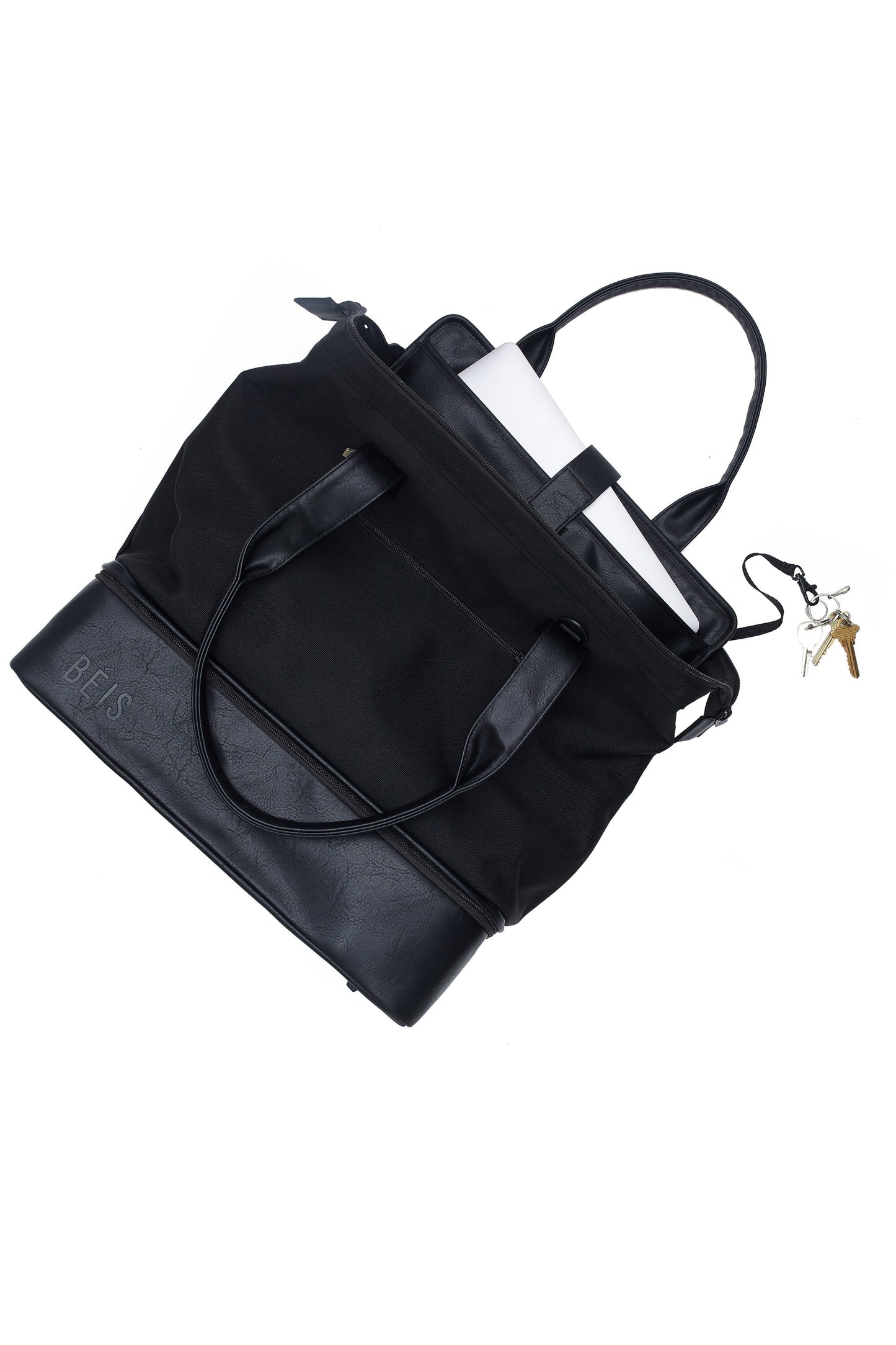 Convertible Mini Weekender Black Front Laptop and Keys