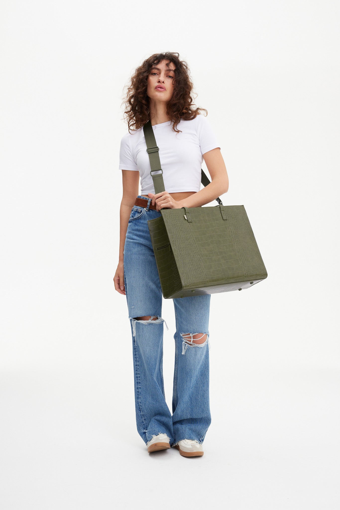 The Large Work Tote in Olive Croc