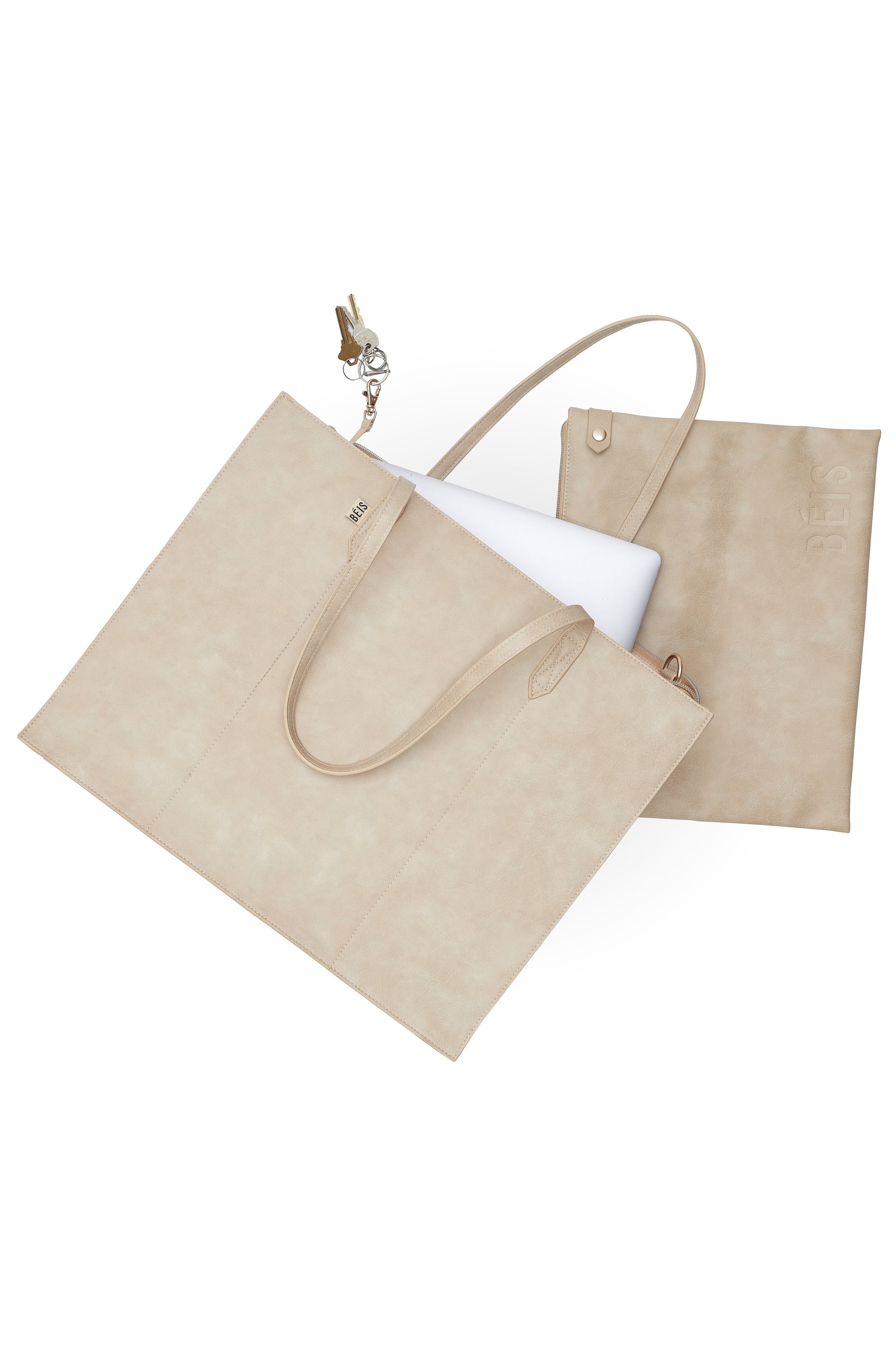 Work Tote Beige Front with Laptop Keys and Removable Pouch