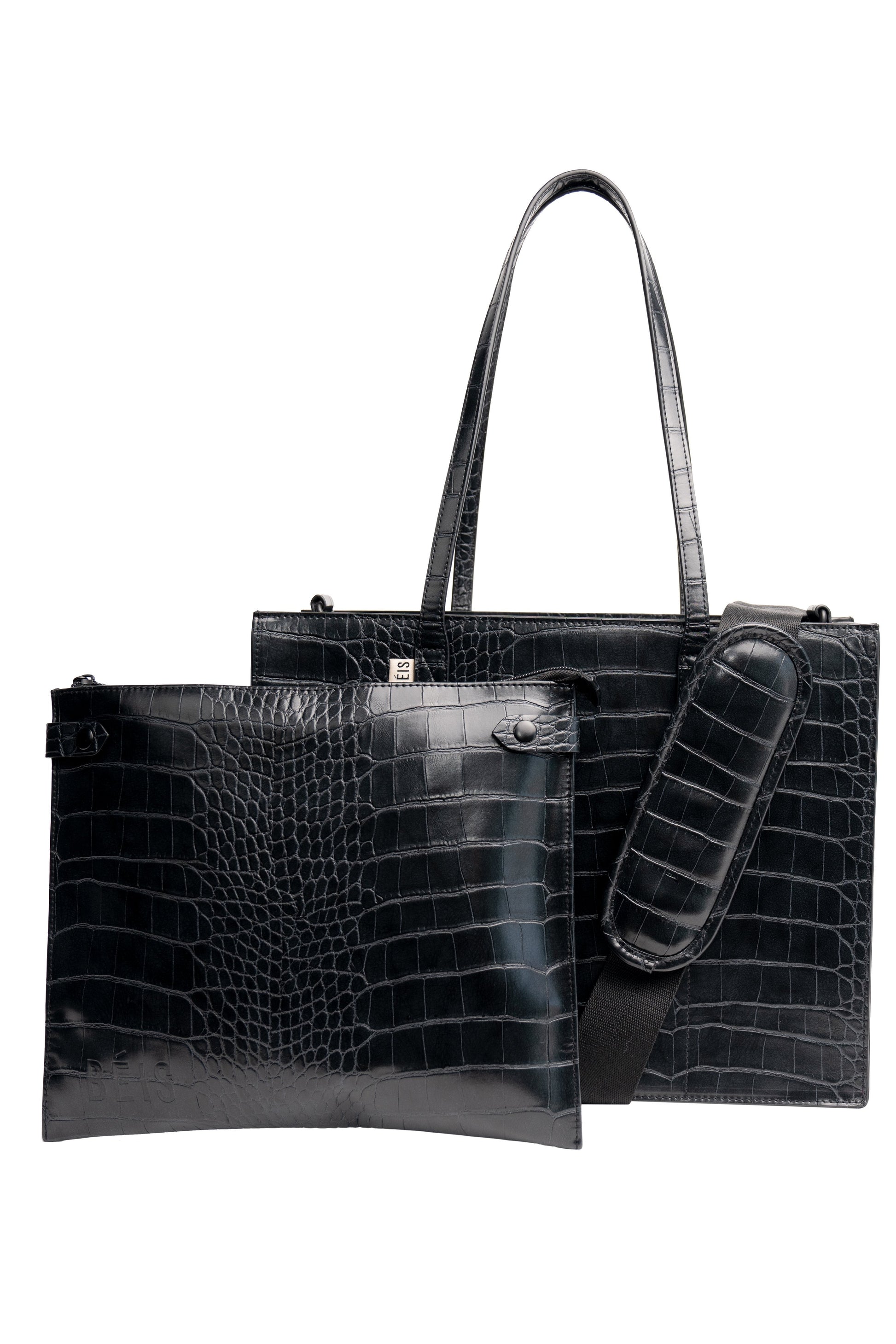 Mini Work Tote in Black Croc Front with Removable Pouch