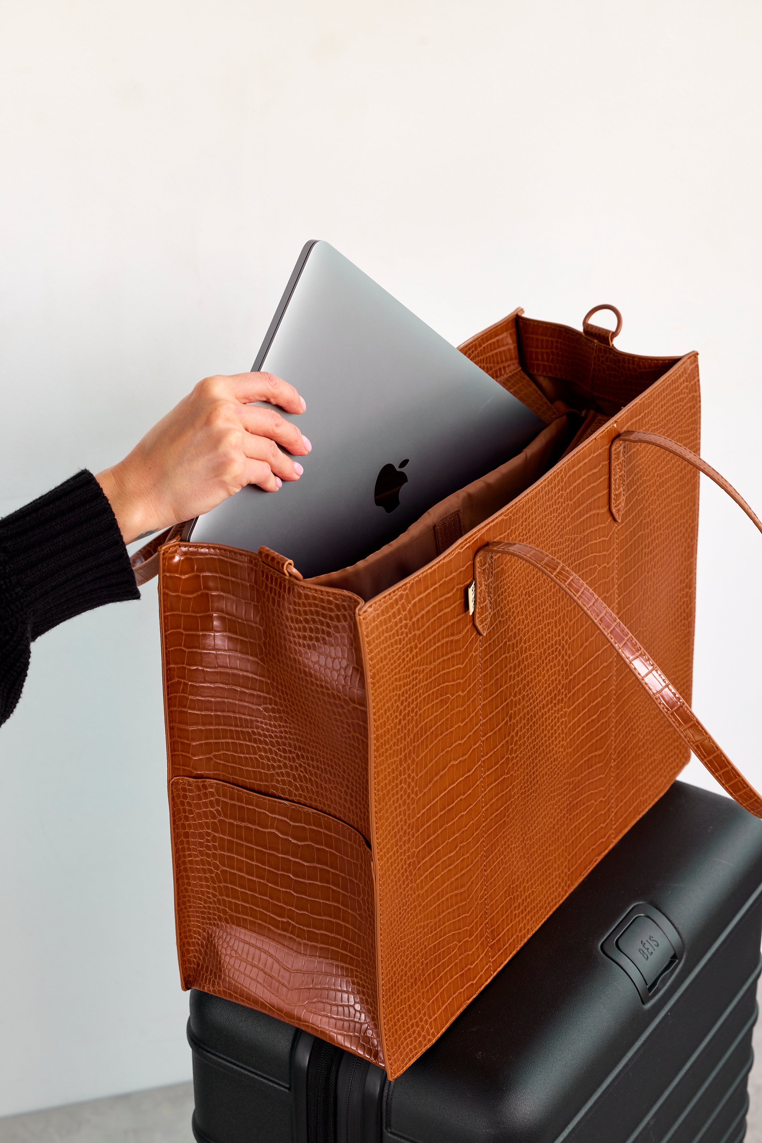 Large Cognac Brown Croc Work Tote - Designer Laptop Bag for Women